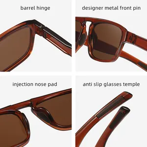 Detail view of brown double bridge sunglasses with barrel hinges and anti-slip temples