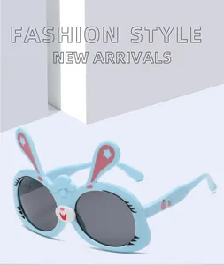 Detailed view of cute blue rabbit-shaped kids sunglasses made of durable soft TPEE