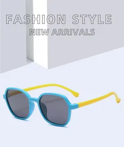Macro view of blue and yellow silicone sunglasses for kids with polarized lenses