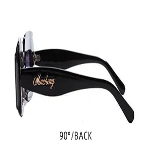 Side view of retro black square frame sunglasses with gold logo detailing on temple