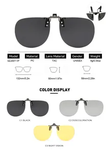 Detailed specifications and color display for polarized clip-on sunglasses for driving