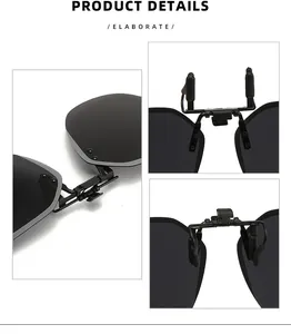 Close-up view showing the flip-up clip mechanism on rimless polarized sunglasses.
