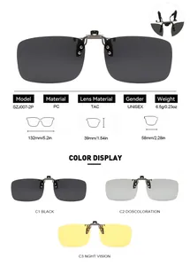 Detailed specifications and multi-color options for polarized sunglasses clip-ons