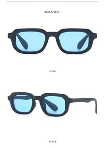 Vistas frontal y lateral de gafas de sol cuadradas retro con montura negra y lentes azules
