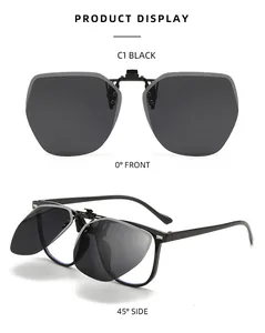 Front and side views of black flip-up polarized clip-on sunglasses for driving