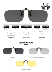 Detailed specifications and color options for polarized clip-on driving sunglasses.