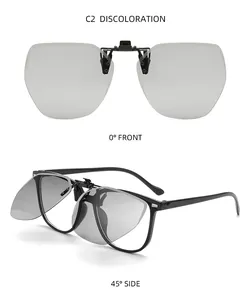 Detailed view of polarized flip-up sunglasses clip in front and 45-degree side angles