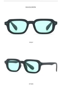 Vistas detalladas de las gafas de sol cuadradas retro con monturas negras y lentes verdes