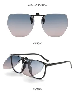 Multi-angle view of grey-purple gradient polarized flip-up clip-on sunglasses lens