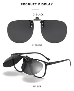 Detailed front and side view of black polarized aviator clip-on sunglasses on frames