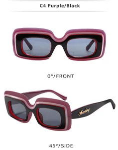 Detailed views of retro Y2K square sunglasses in layered purple and black frames.