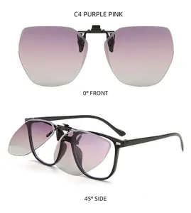 Front and side view of purple gradient flip-up polarized clip-on sunglasses lenses