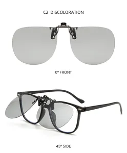 Detail view showing the C2 polarized clip-on sunglasses from both front and side angles.