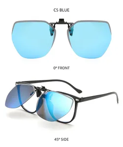 Detailed front and 45 degree side views of blue polarized flip-up clip-on sunglasses.