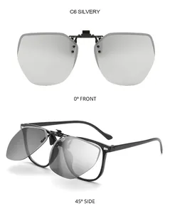 Front and 45-degree side view of silver mirrored polarized clip-on sunglasses