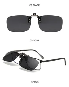 Detail of polarized sunglasses clip-on showing 0-degree front and 45-degree side view