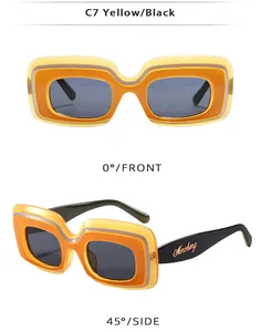 Front and side views of chunky retro square Y2K sunglasses in yellow and black colors.