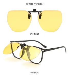 Yellow flip-up clip-on night vision lenses for driving shown at front and side angles.