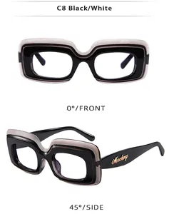Detailed view of retro square black and white sunglasses from front and side angles