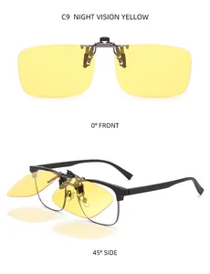 Yellow clip-on night vision sunglasses lenses shown from front and side view angles