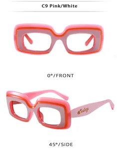 Detailed view of Y2K pink and orange layered rectangular sunglasses frames.
