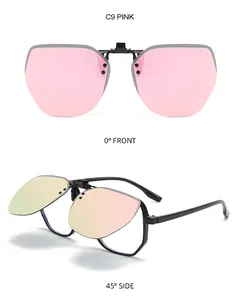 Detail showing pink polygonal flip-up clip-on polarized sunglasses from front and side