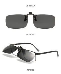 Detail view of black polarized clip-on sunglasses from front and 45-degree side angles.