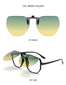 Front and side view of polygon flip-up polarized clip-on sunglasses in green yellow