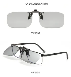 Detailed macro view of gray polarized clip-on sunglasses from front and side angles.