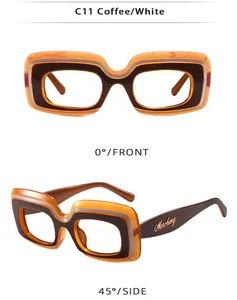 Side and front macro views of retro Y2K square multi-layered frame sunglasses.