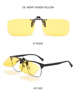 Close-up detail of C8 yellow night vision clip-on lenses for prescription glasses