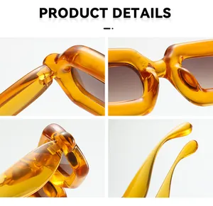 Close-up detail shots showing the hinge and bridge of amber chunky sunglasses.