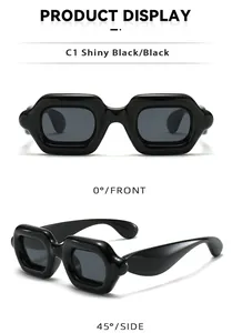 Front and side views of thick black bubble square-frame Y2K sunglasses in shiny finish.