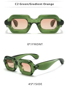 Detail view of green bubble frame sunglasses with gradient orange lenses from multiple angles.