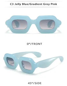 Front and side views of chunky jelly blue sunglasses with gradient grey lenses