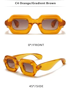Dual angle view of chunky square Y2K sunglasses in orange and gradient brown.