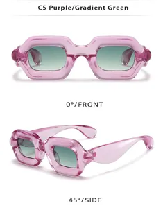 Detailed views of purple chunky bubble sunglasses with gradient green lenses at 0° and 45°