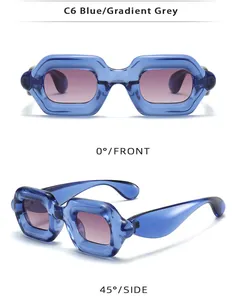 Detailed front and side views of retro blue thick frame bubble sunglasses for party.