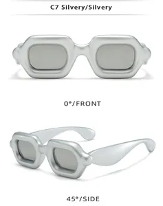 Detailed front and side views of silver Y2K bubble thickened square frame sunglasses