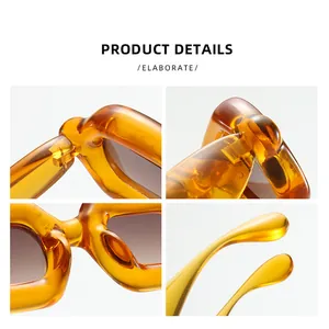 Close-up details of Y2K thick square frame sunglasses in vintage amber finish texture