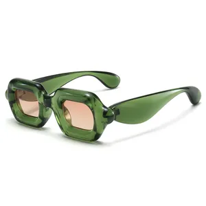 Chunky green square frame Y2K sunglasses featuring stylish peach tinted lenses for party