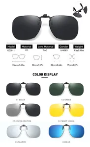 Especificaciones de clip para gafas de sol polarizadas y opciones de color para unisex.