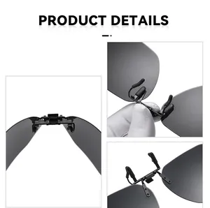 Detalle del clip metálico abatible en lentes de sol polarizadas sin montura de forma poligonal.