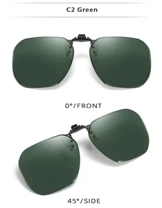 Vistas frontal y lateral de clips de sol polarizados sin montura poligonales verde oscuro