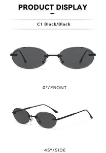 Gafas de sol ovaladas sin montura vintage Y2K con lentes negras, vistas frontal y lateral.