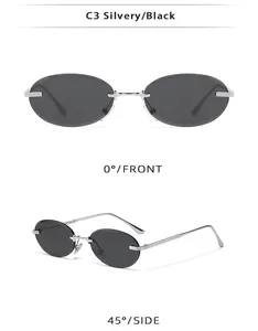 Detalles frontales y laterales de gafas de sol ovaladas sin montura Y2K en plata.