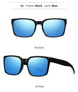 Detailed view of sports sunglasses with black frame and blue lenses from two angles