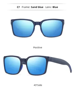 Detailed view of sand blue cycling sunglasses with blue lenses from two angles.