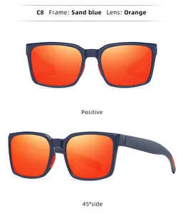 Front and 45-degree side views of sand blue sports sunglasses with orange lenses