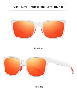 Transparent cycling sunglasses with orange mirror lens, showing front and side views